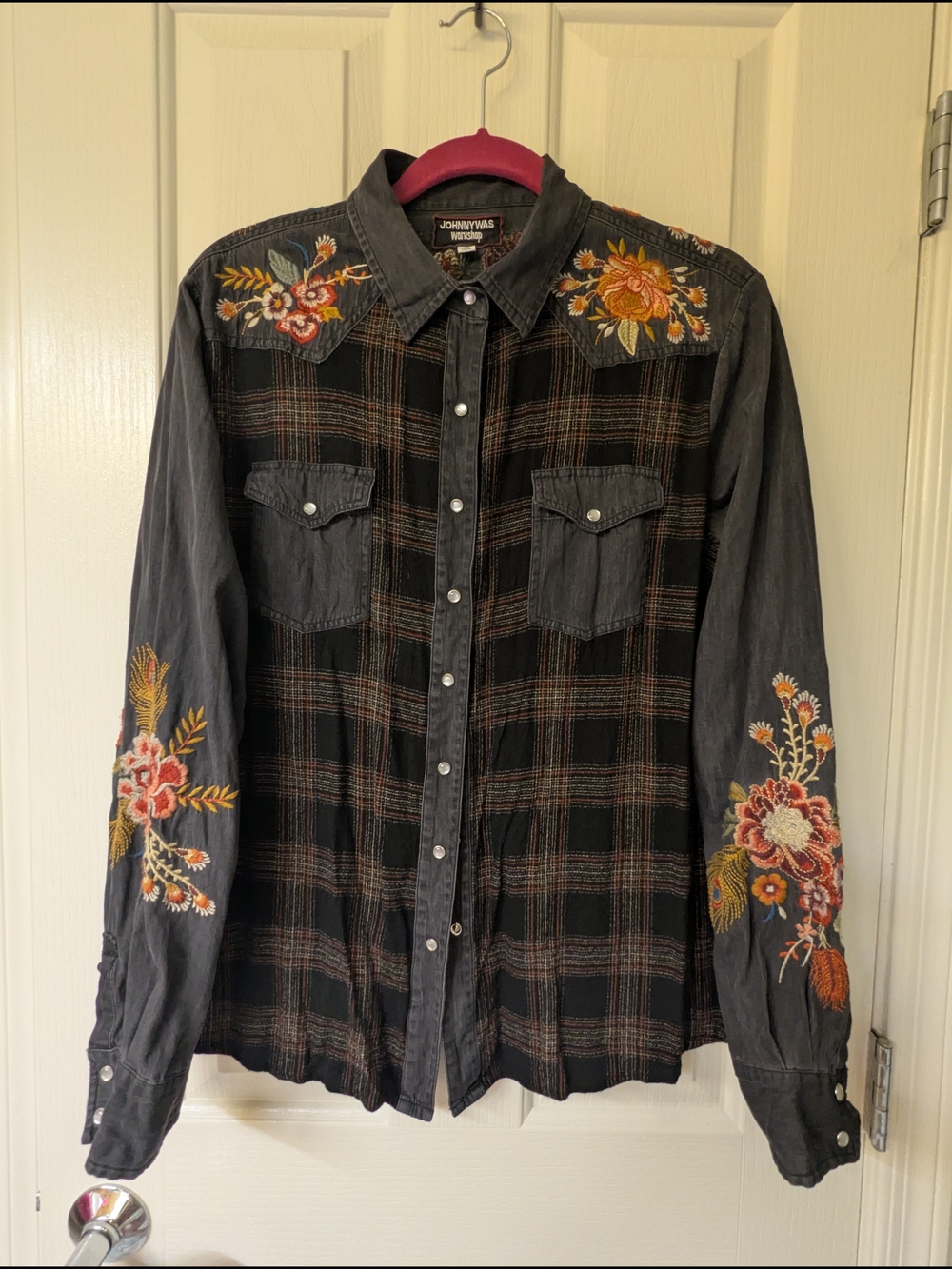 Johnny Was Ananke Western Plaid Mix Denim Embroidered Shirt Jacket Shacket